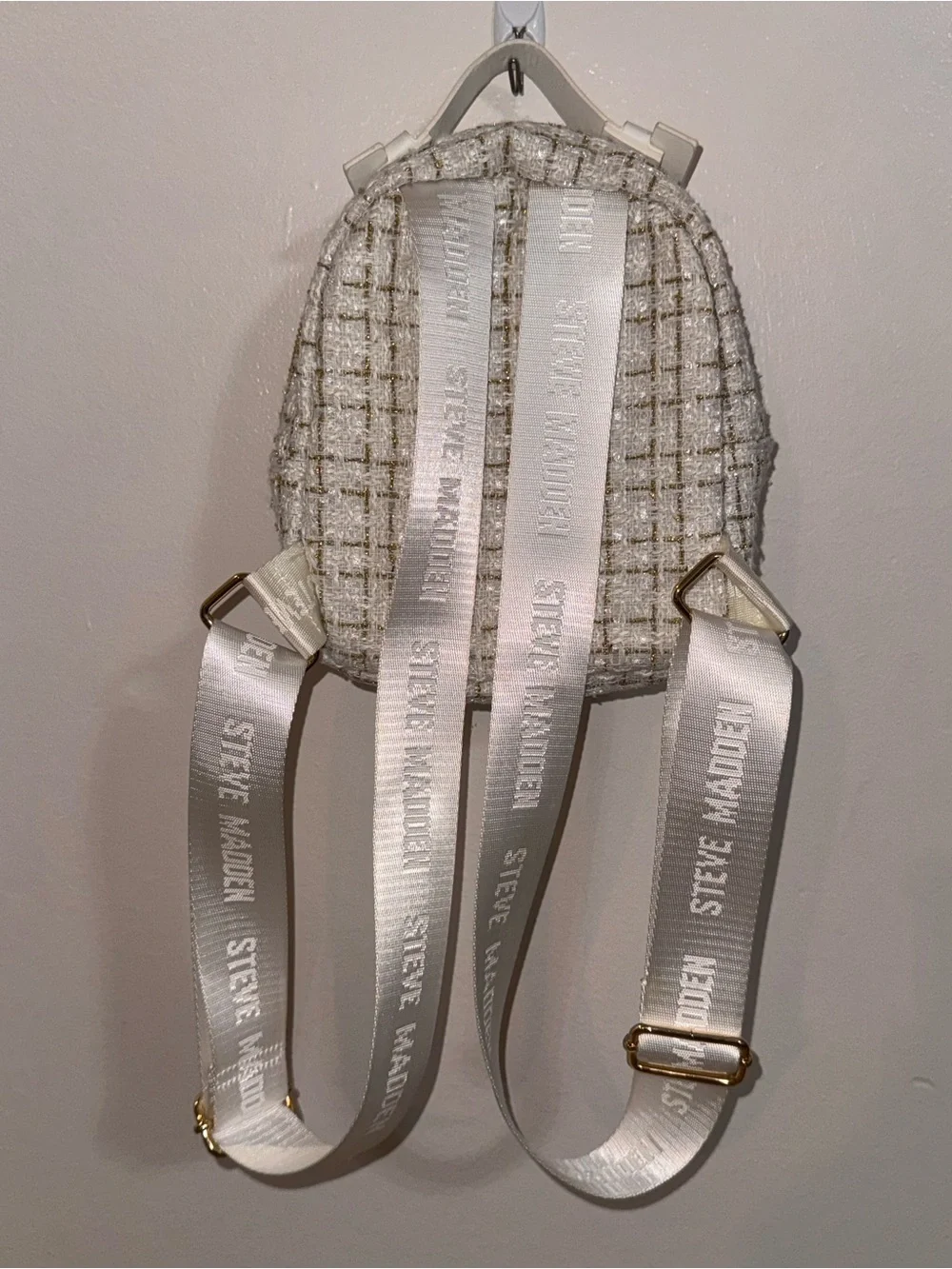 Steve Madden Mini Tweed Backpack White Gold Metallic Bag